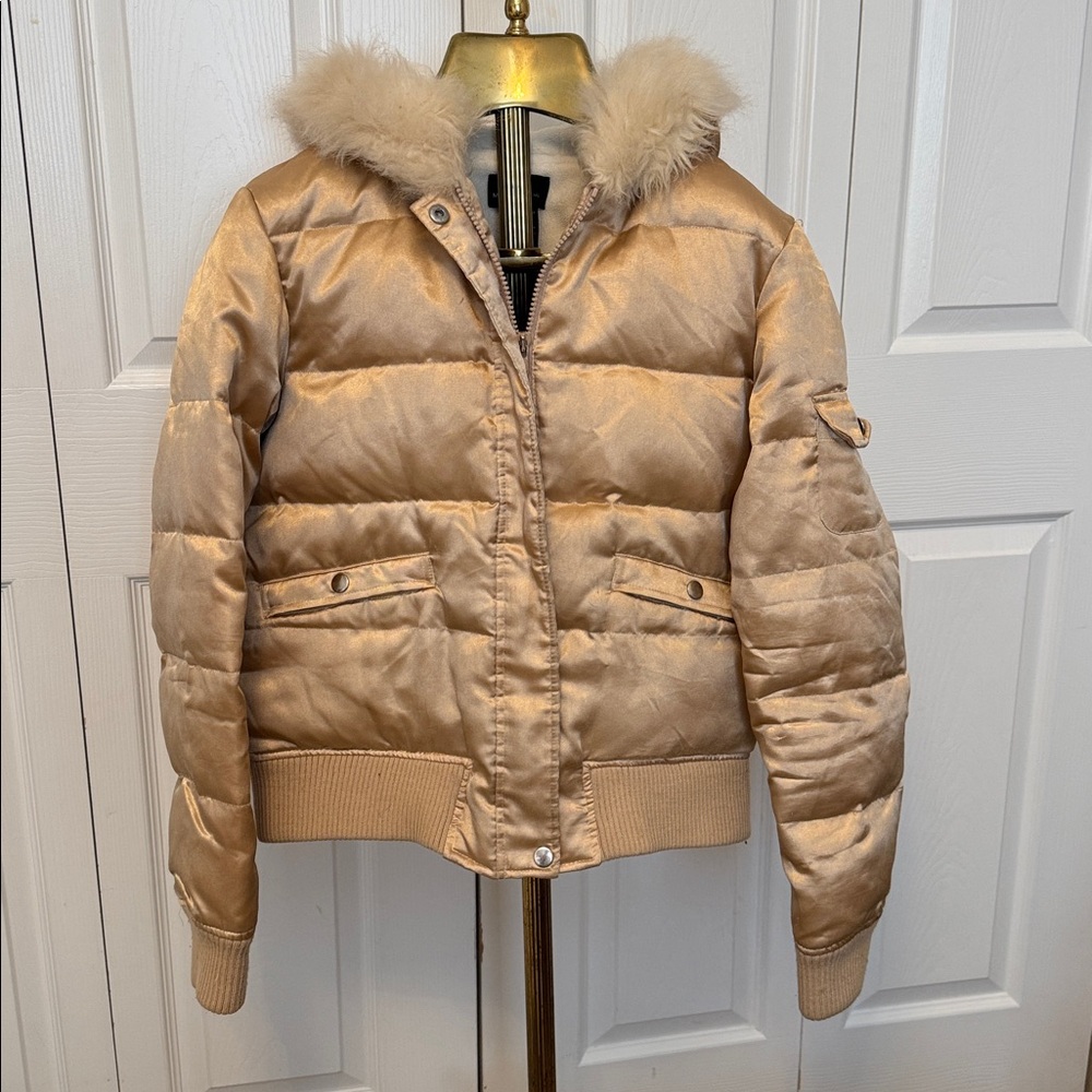 Moda International Victorias Secret Gold Cream Faux Fur Puffer Jacket Size Small